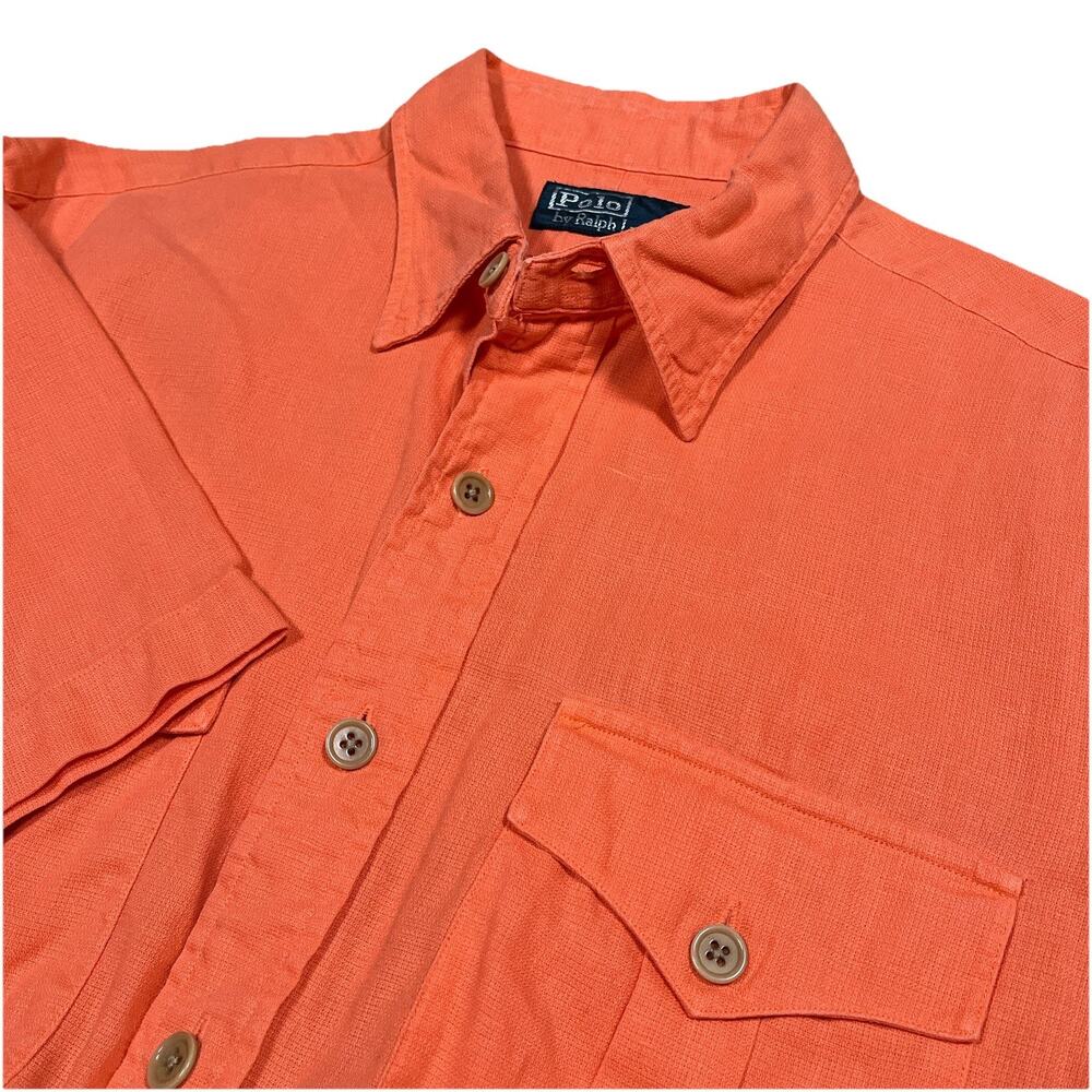 VTG Polo Ralph Lauren Shirt Large Linen Blend Orange Short Sleeve Button Safari